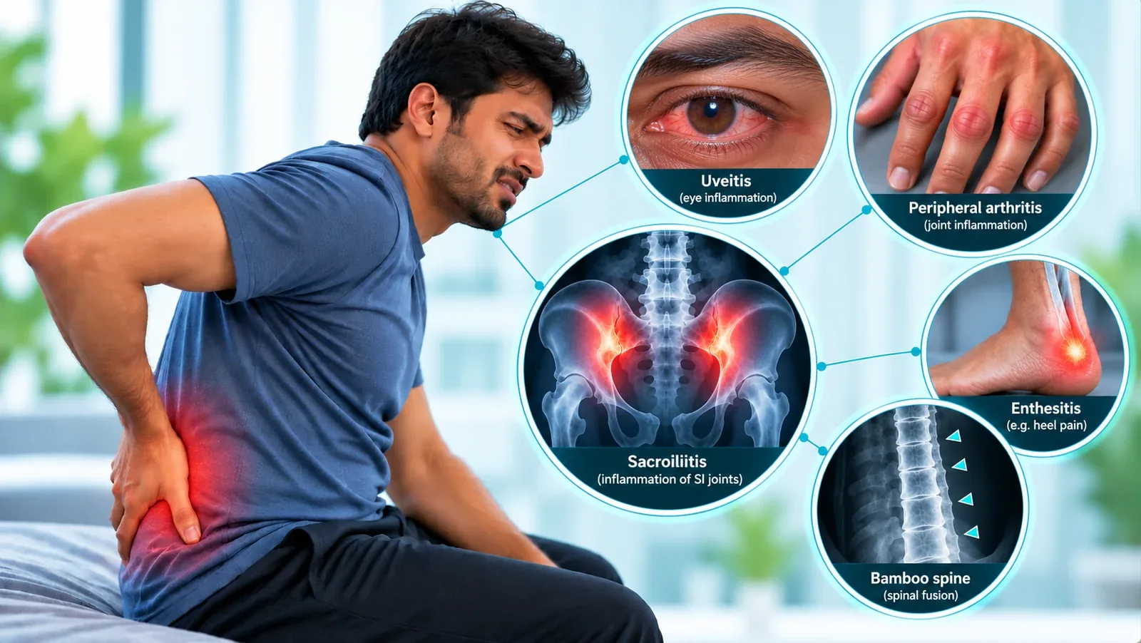 Man holding his lower back in pain, with labelled close-ups of uveitis, peripheral arthritis, sacroiliitis, enthesitis and bamboo spine