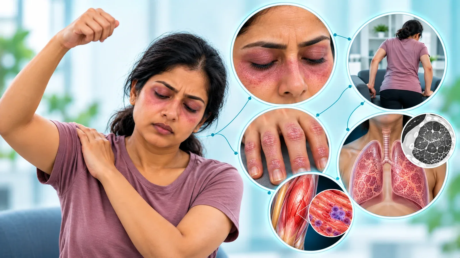 Woman struggling to raise her arm, with close-ups of a rash around the eyes, difficulty rising from a chair, knuckle rash, inflamed muscle and the lungs