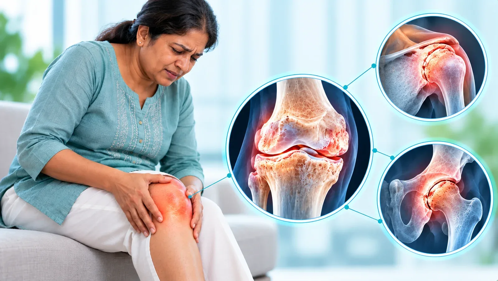 Woman holding her painful knee, with illustrations of worn knee, shoulder and hip joints
