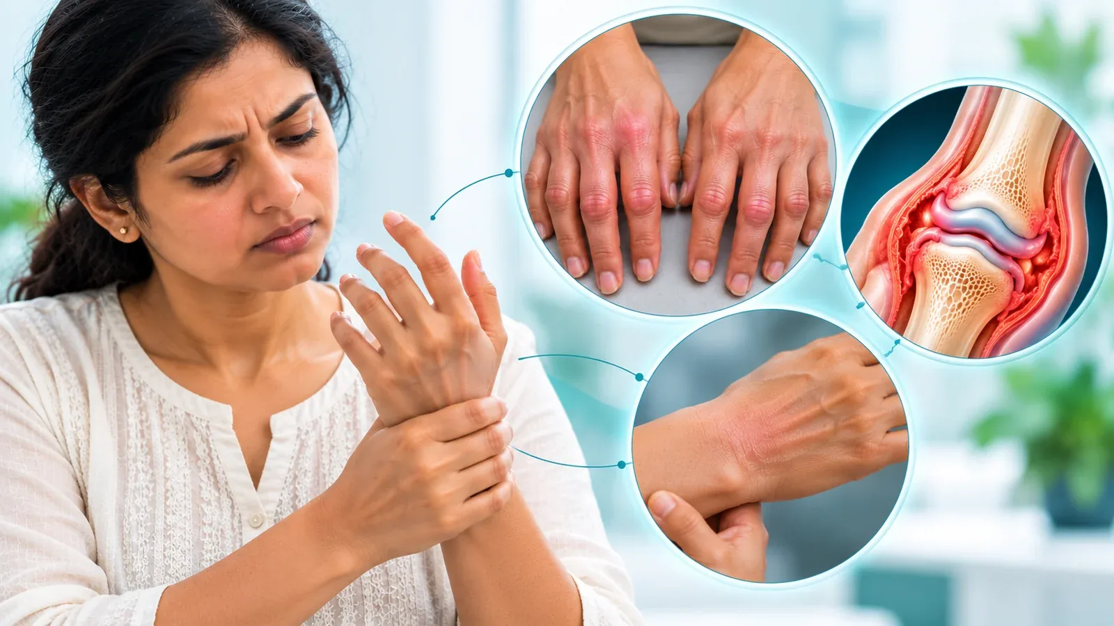 Woman holding her painful wrist, with close-ups of swollen knuckles, a swollen wrist and an inflamed joint lining