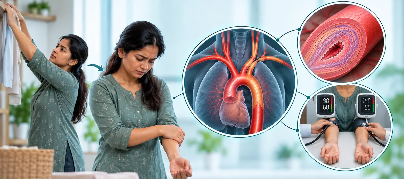 Woman whose arm aches while hanging laundry, with illustrations of the aorta, a narrowed artery and different blood pressures in each arm