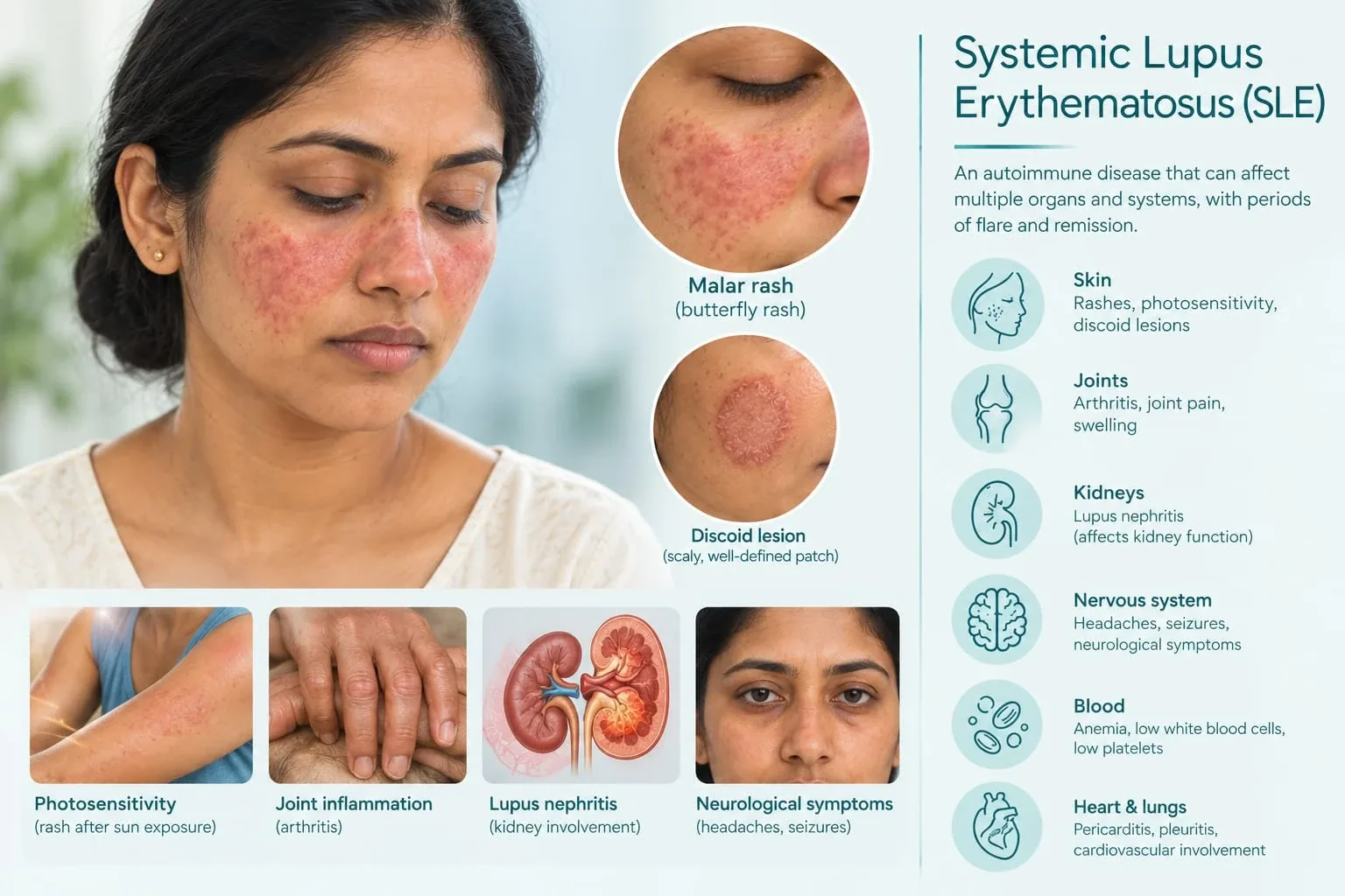 Woman with a butterfly rash across her cheeks, with images of the organs lupus can affect